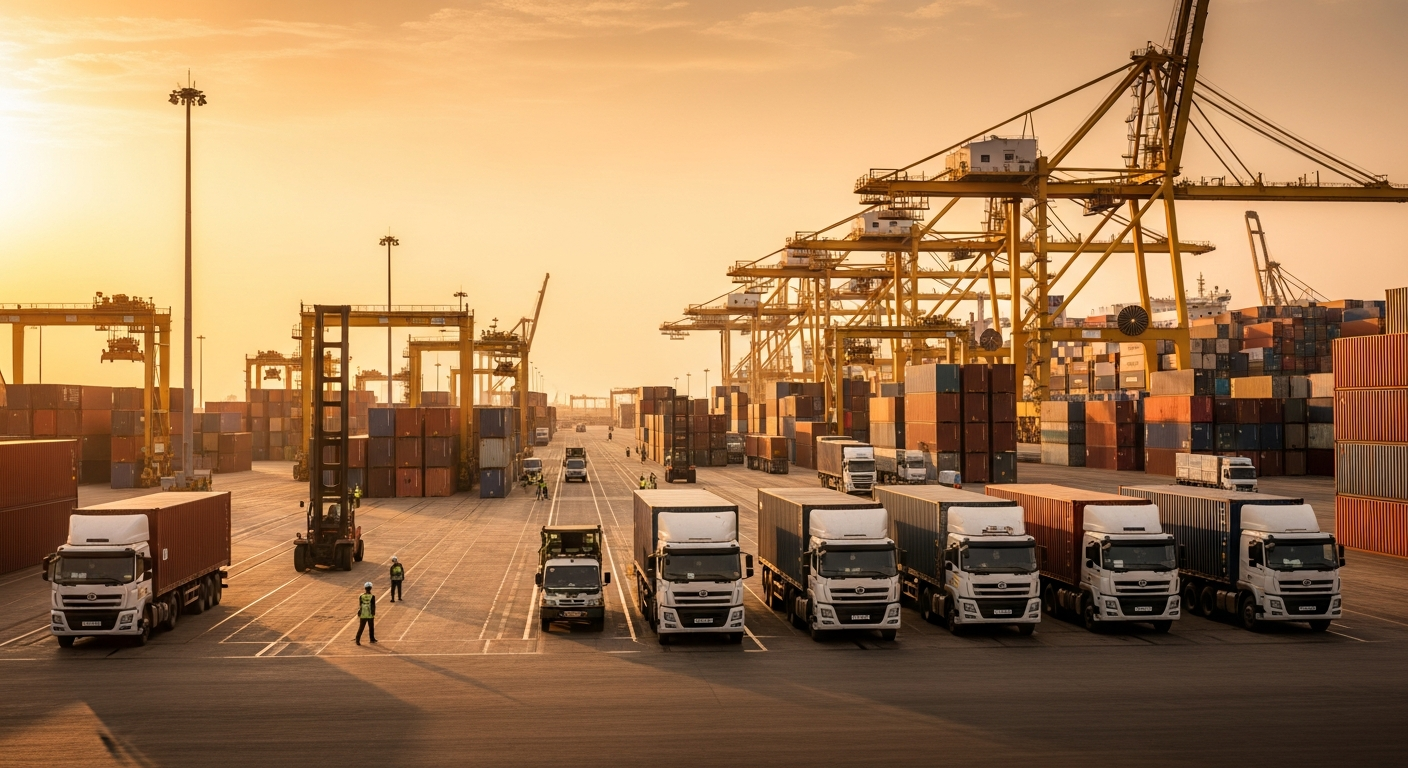 VPC Logistics fleet at Nigerian container port — golden hour